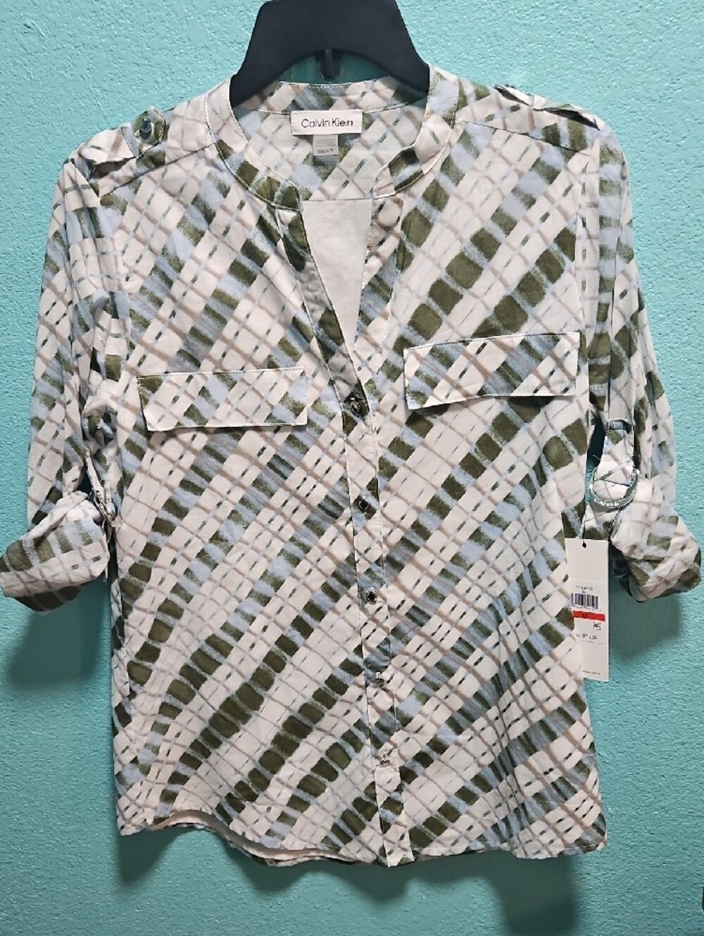 Calvin Klein Olive & White Diagonal Plaid Button-Down Shirt